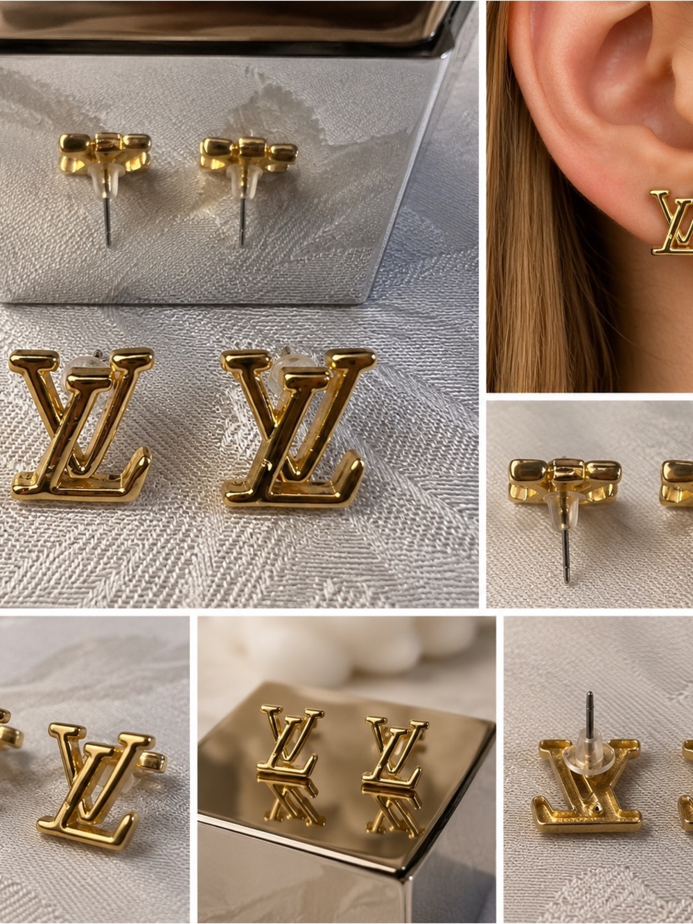 DSTLD Gold LV Logo Stud Earrings